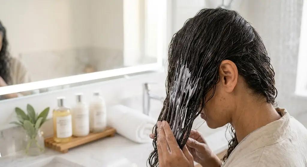 Applying conditioner to the mid-lengths and ends of hair