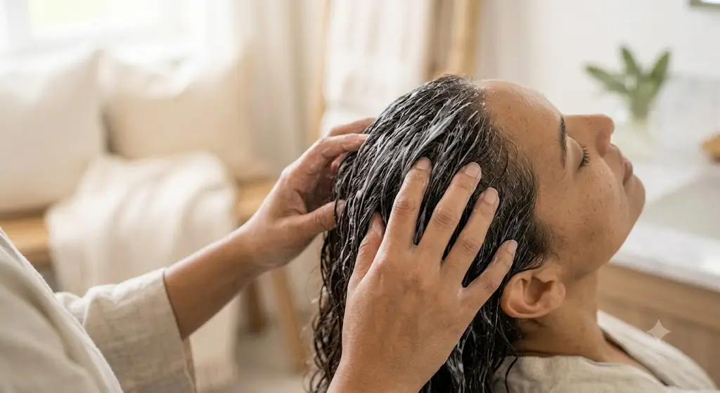 Gentle fingertip scalp massage