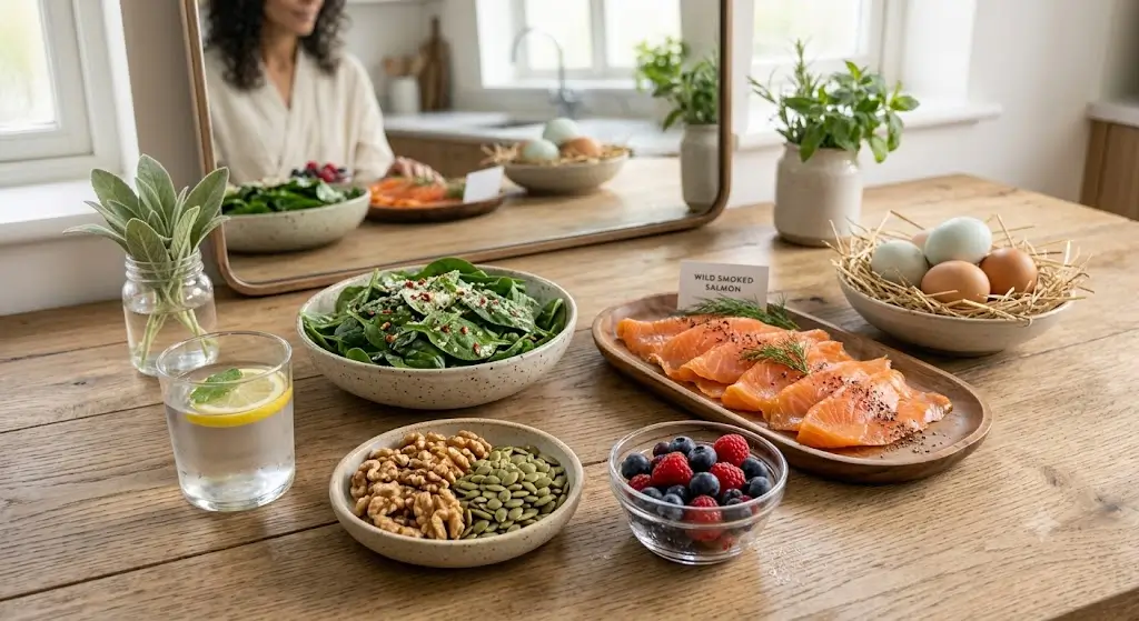 Nutritious foods commonly included in a balanced diet for overall hair health