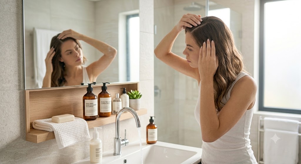Checking scalp before hair care routine