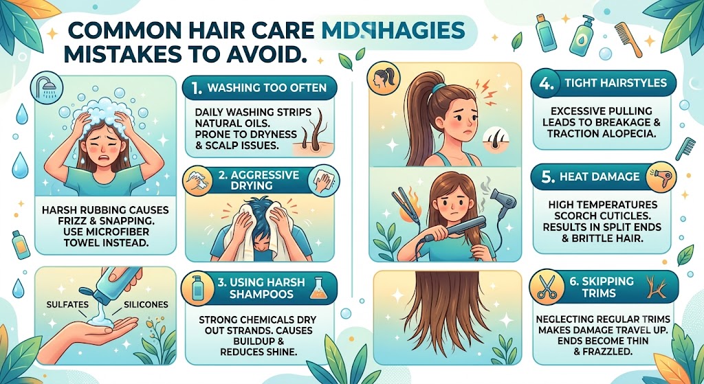 Illustration showing common mistakes that may damage hair.