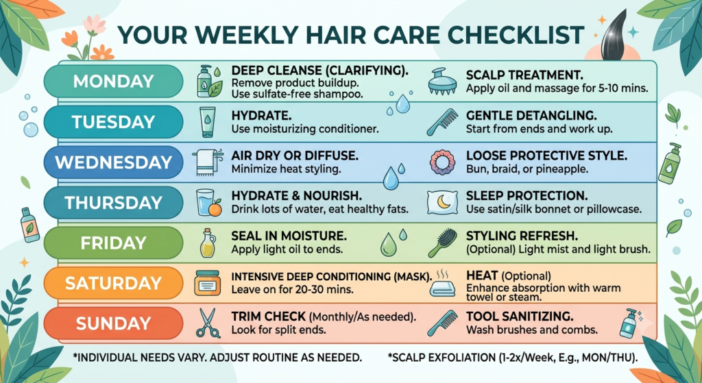 Daily, weekly, and monthly healthy hair care routine checklist