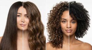 Four different natural hair types including straight, wavy, curly, and coily hair
