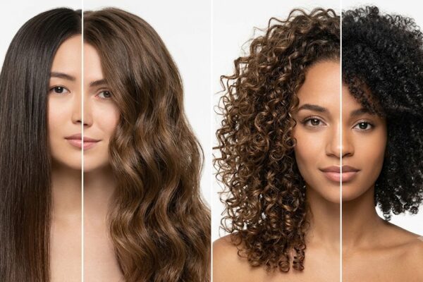 Four different natural hair types including straight, wavy, curly, and coily hair