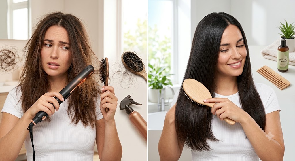Common hair care mistakes compared with healthy hair care habits