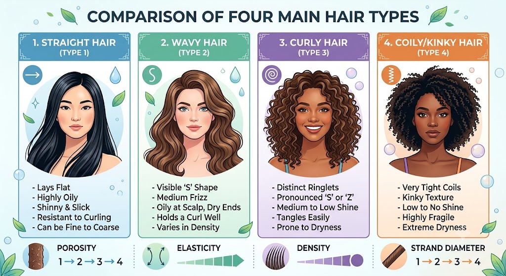 Four different natural hair types including straight, wavy, curly, and coily hair