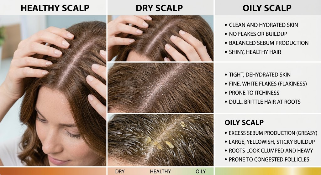 Healthy scalp compared with dry and oily scalp