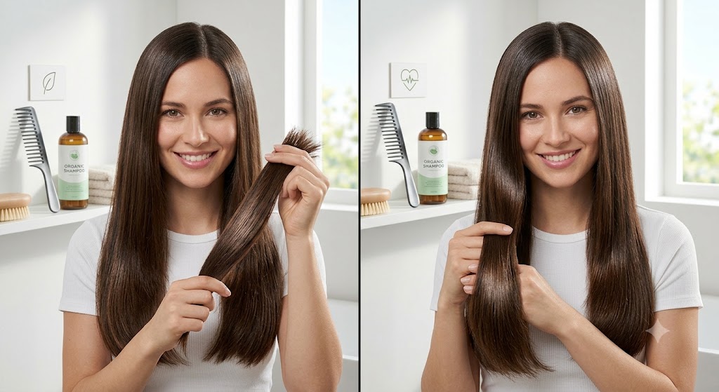 Comparison between healthy-looking hair and damaged hair.