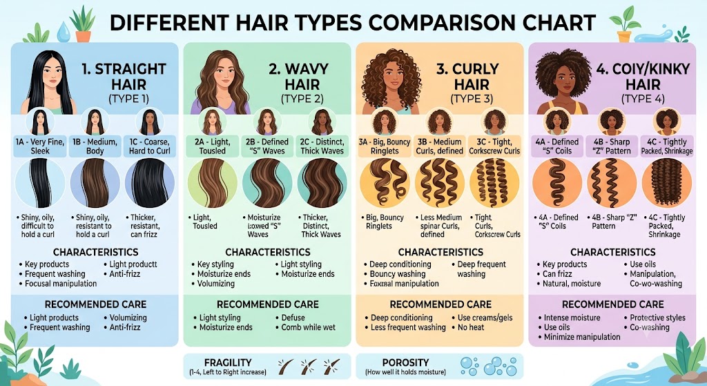 Illustration comparing straight, wavy, curly, and coily hair types.