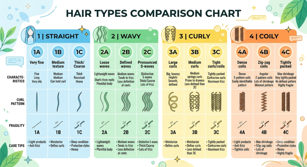 Illustration showing different hair types including straight, wavy, curly, and coily hair