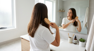 Person following a healthy daily hair care routine in a bright bathroom