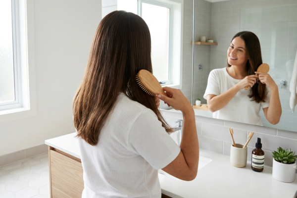 Person following a healthy daily hair care routine in a bright bathroom