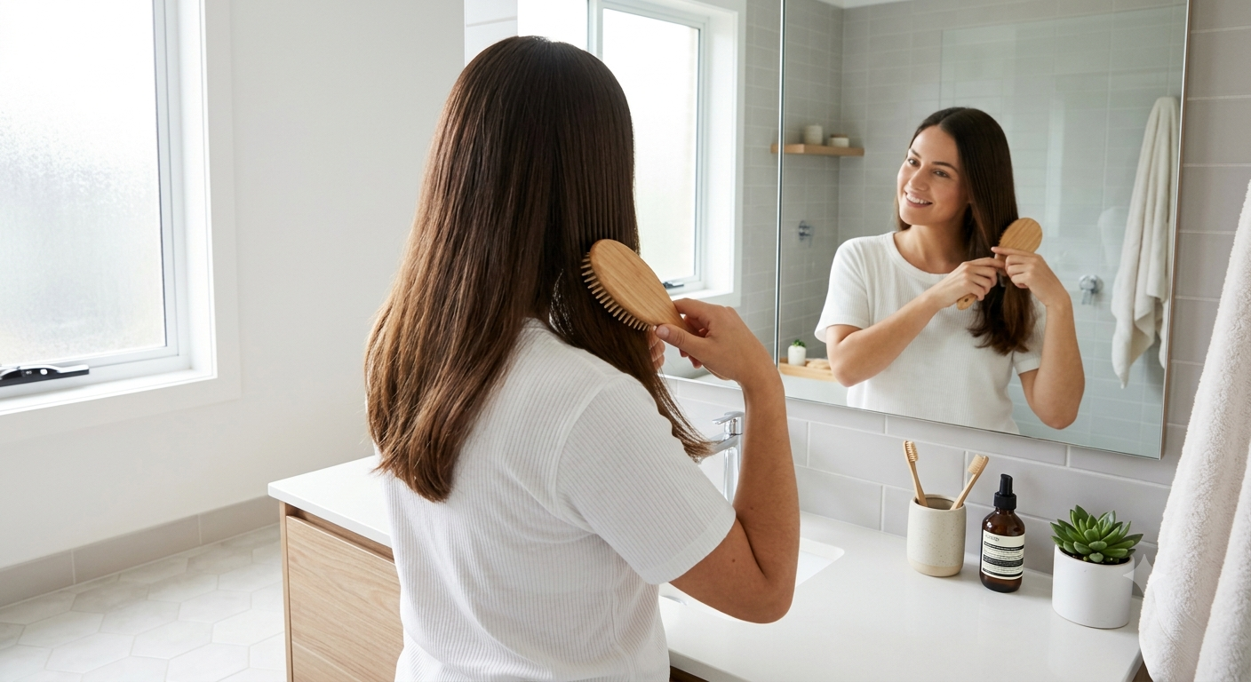Person following a healthy daily hair care routine in a bright bathroom