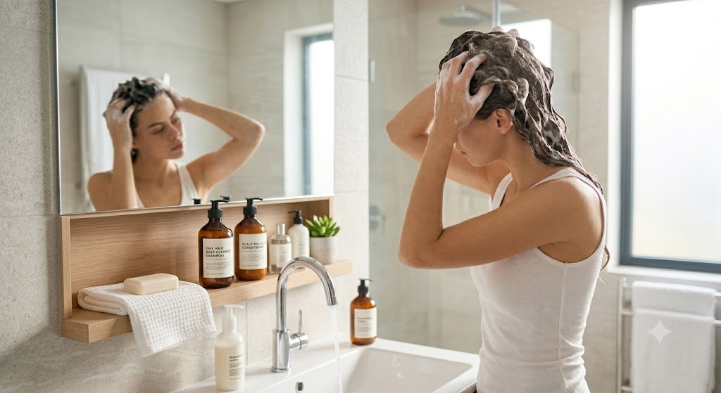 Person washing oily hair with shampoo