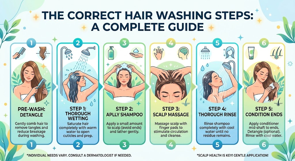 Step-by-step guide showing the correct way to wash hair.