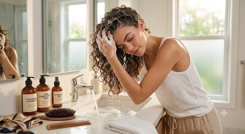 Woman washing naturally curly hair