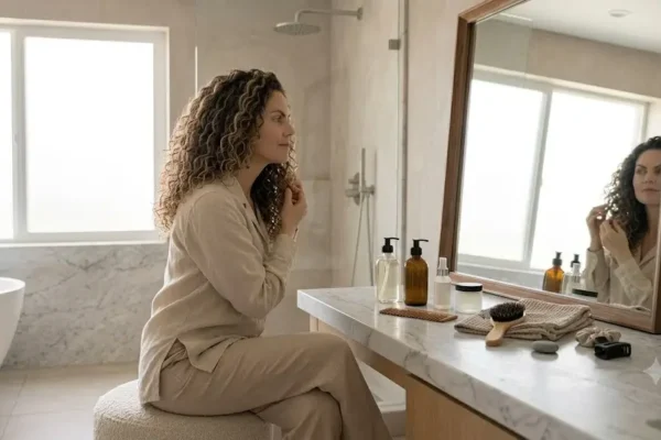 Woman considering her hair washing routine