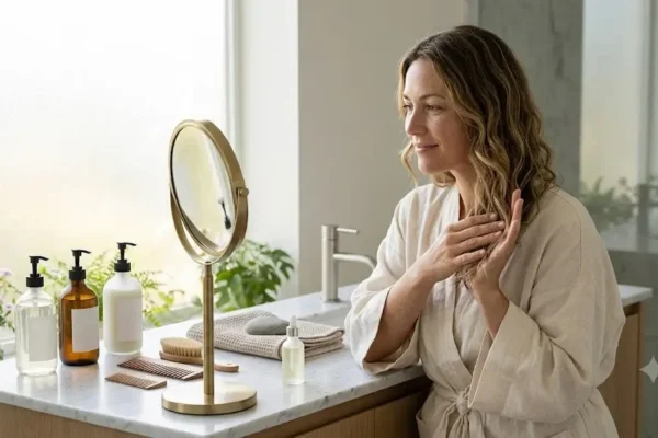 Woman following a simple weekly hair care routine at home