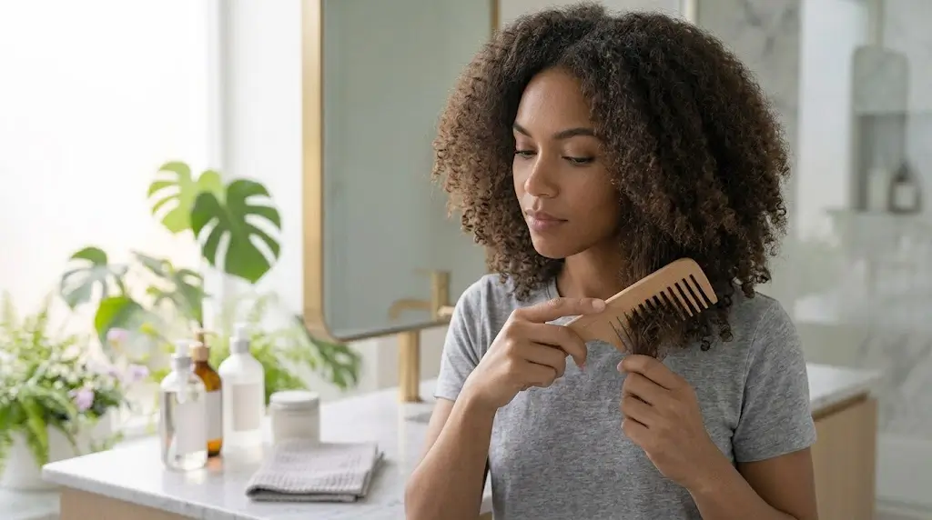 Man gently detangling hair from the ends with a wide-tooth comb