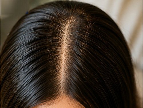Visible scalp along a hair part exposed to sunlight