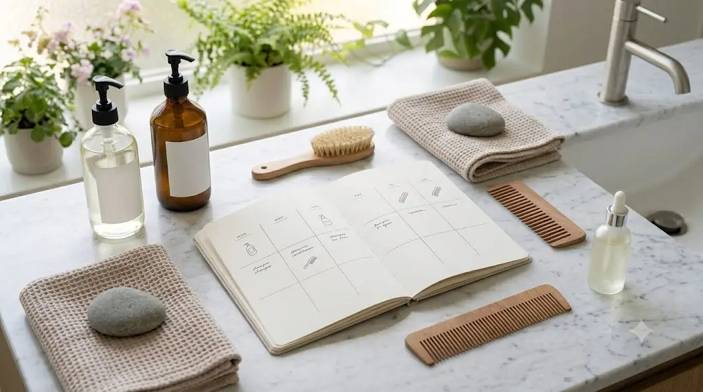 Simple weekly hair care schedule with basic hair care items