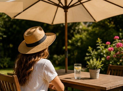 Person using shade and a sun hat for scalp protection outdoors