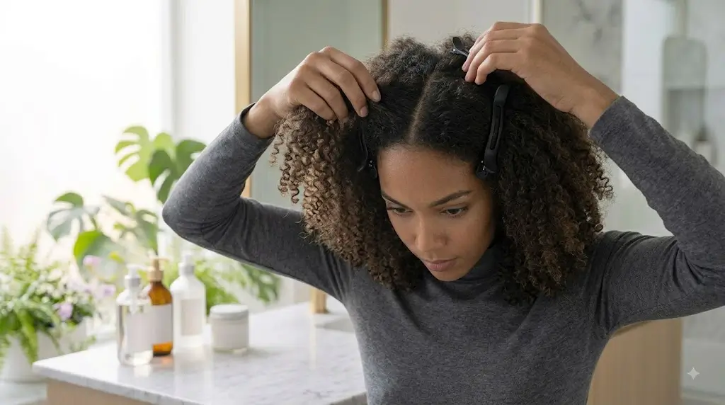 Woman sectioning curly hair before detangling