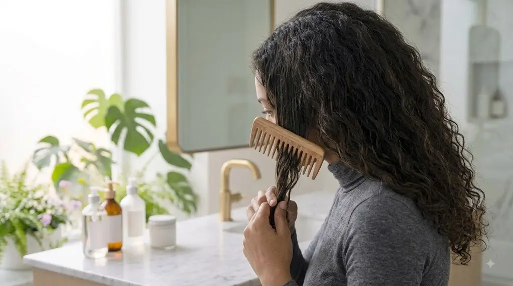 Woman gently detangling wavy hair in a small section
