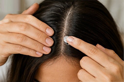Applying sunscreen to an exposed area of the scalp