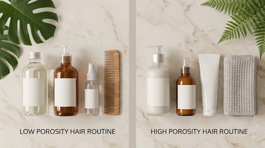 Low vs high porosity hair care routine comparison