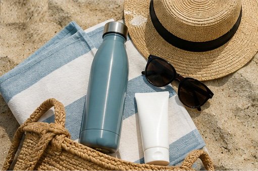 Sun-protection essentials prepared for a beach day