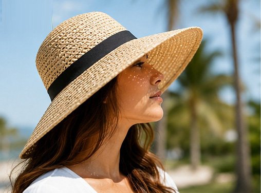 Scalp sun protection with a wide-brimmed hat