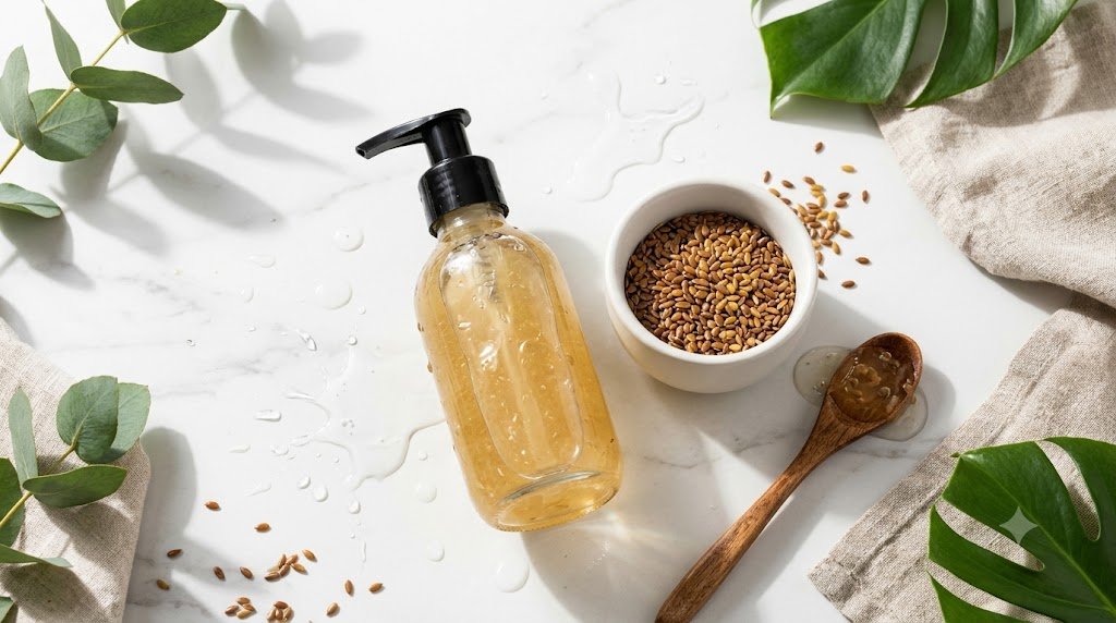 DIY organic flaxseed gel for curly hair in a clear glass cosmetic pump bottle with golden flaxseeds in a bowl on a marble countertop