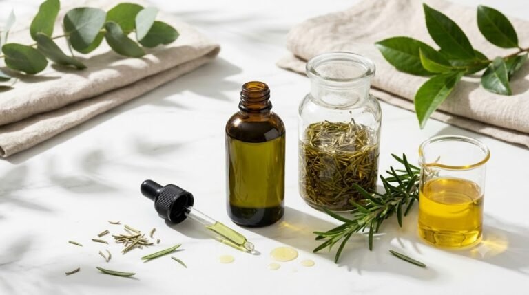 DIY organic rosemary oil for hair growth in an amber glass dropper bottle with dried rosemary sprigs on a marble bathroom vanity