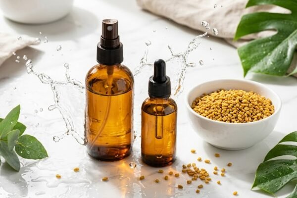 DIY organic fenugreek water for hair growth in an amber glass spray bottle with golden fenugreek seeds on a marble background